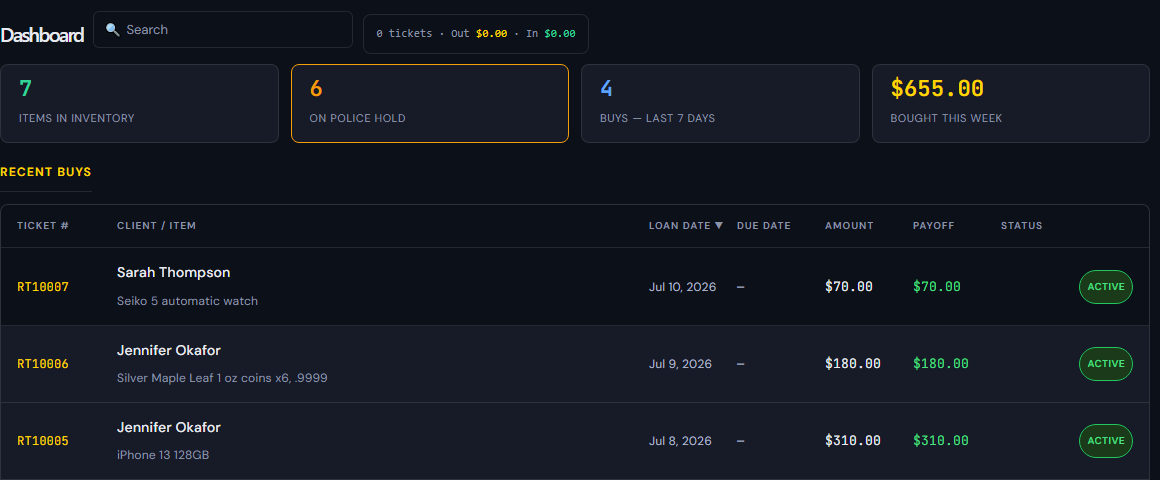 Report To LEADS dashboard showing items in inventory, items on police hold, buys in the last 7 days, dollars bought this week, and a list of recent buy tickets